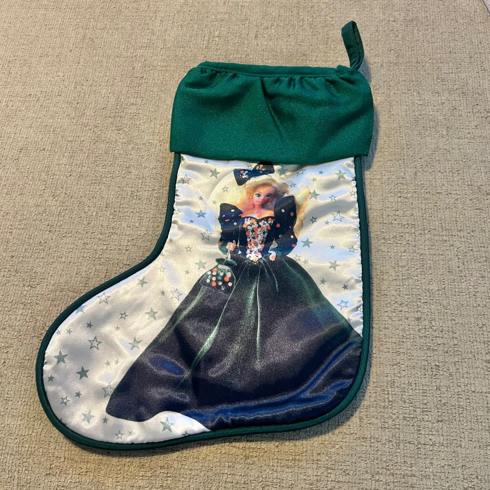 Vintage Barbie Christmas Stocking Green Satin Holiday Decor 15 Inch 90s Retro